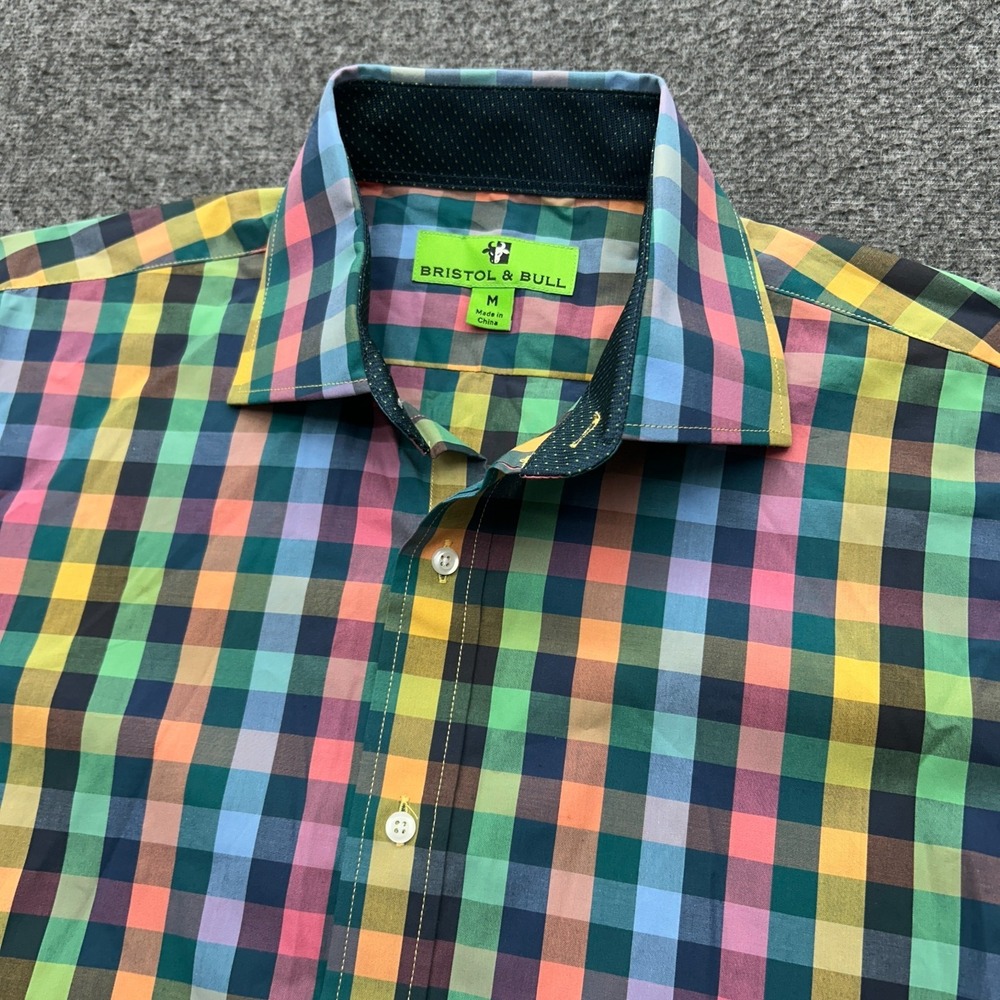 Bristol and Bull Dress Shirt Mens Medium Plaid Gingham Preppy Nerdy chic